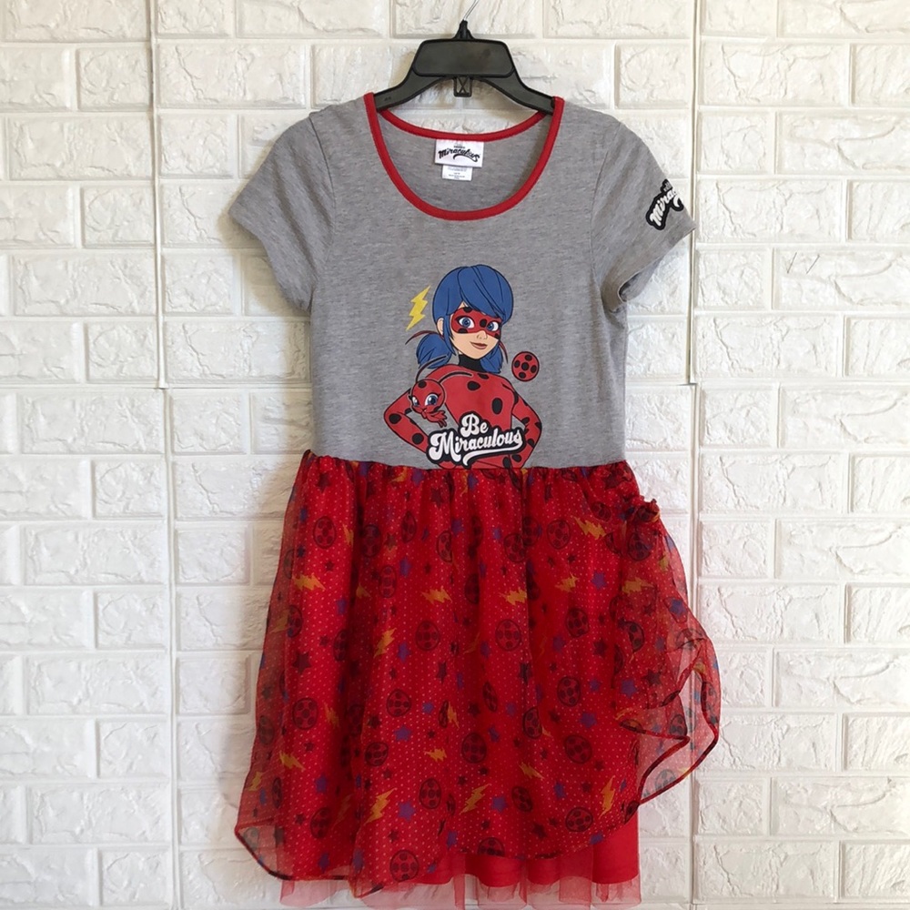 Miraculous Ladybug Short Sleeve Dress Tulle Skirt‎ Rib Knit Crew Neck Collar